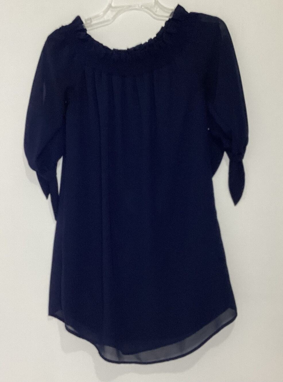 City Triangle Women’s Size S Long Sleeve Navy Sheer Blouse Sleeves w/Tie Boho